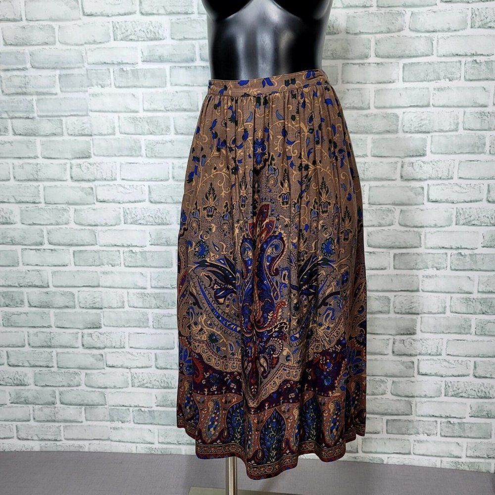 Vintage 80s Ian Ross Intl‎ Petite L Mandala Midi High Waisted Skirt Lightweight